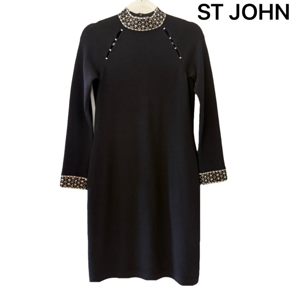 St. John Evening Black Knit Dress with Jewel Embellished Neckline & Cuffs - Picture 2 of 12